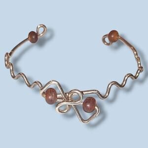 Artisan Sterling Silver Wire Amber‎ Bead Open Cuff Bracelet